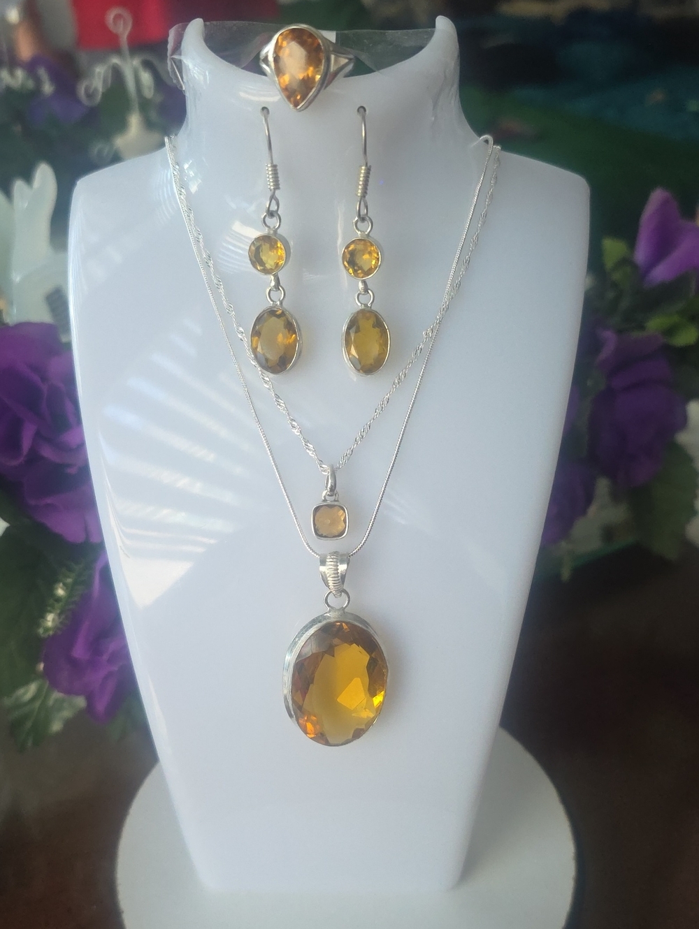 (NWT) 925 Sterling Silver Citrine Double Pendant Earrings &, Ring   Set